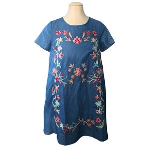 SAVANNA JANE Floral Embeoidered Chambray Dress Boho Small